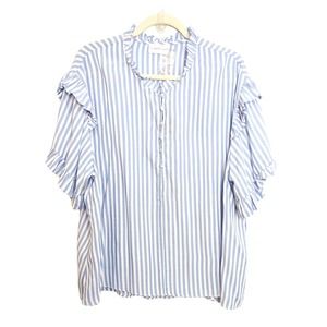 Mustard Seed Womens Large Blouse Button Front Ruffle Striped Blue White